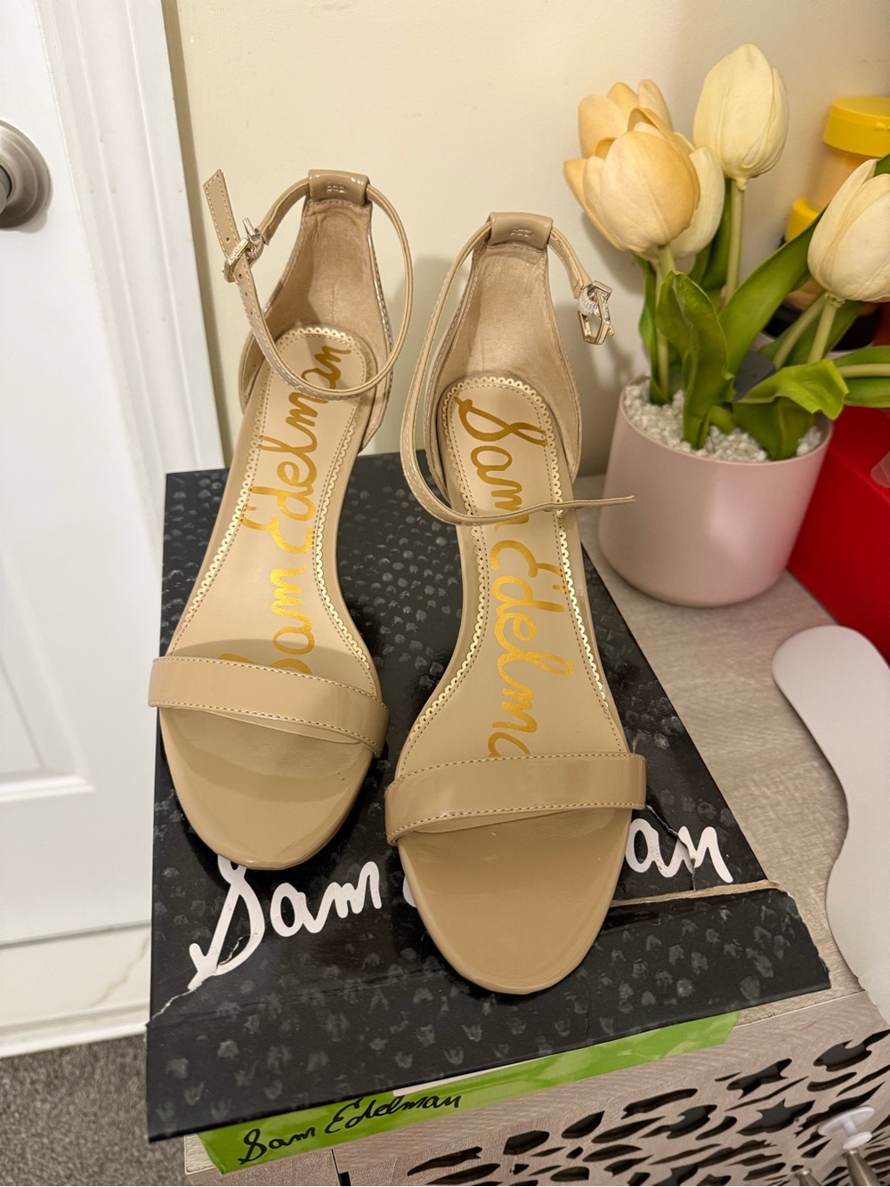 Sam Edelman Beige Patent Ankle-Strap Heels
